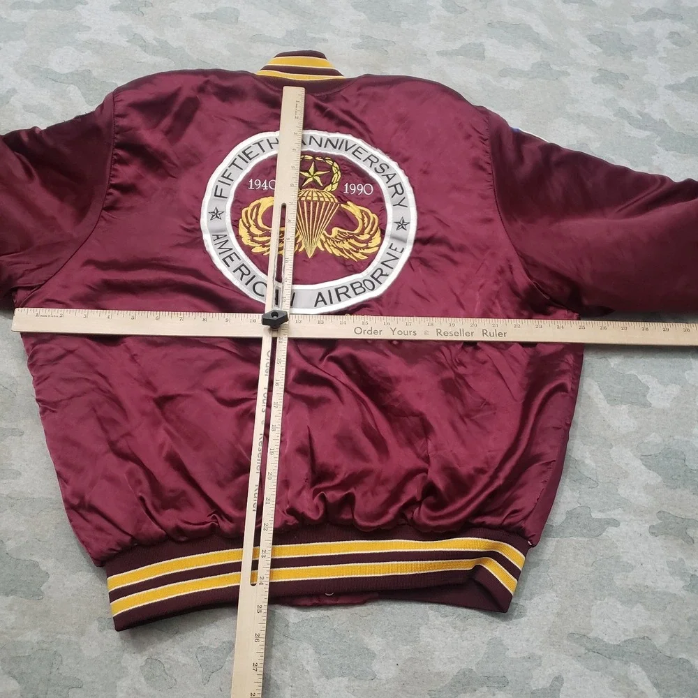 VTG Airborne American Satin Jacket Mens Large Red Snap Up Bomber Quarter Master